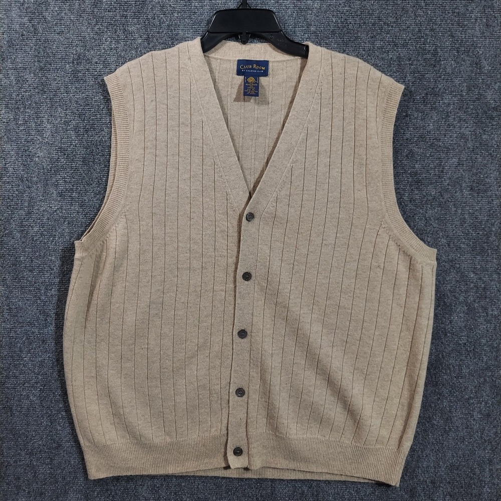 Club Room Sweater Vest‎ Mens XL Beige Lambswool V Neck Button Front Pockets